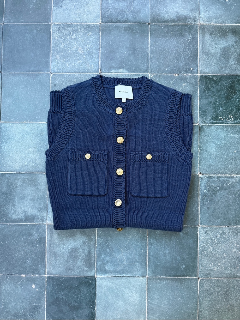 Reformation Catalina Navy Knit Button-Front Dress